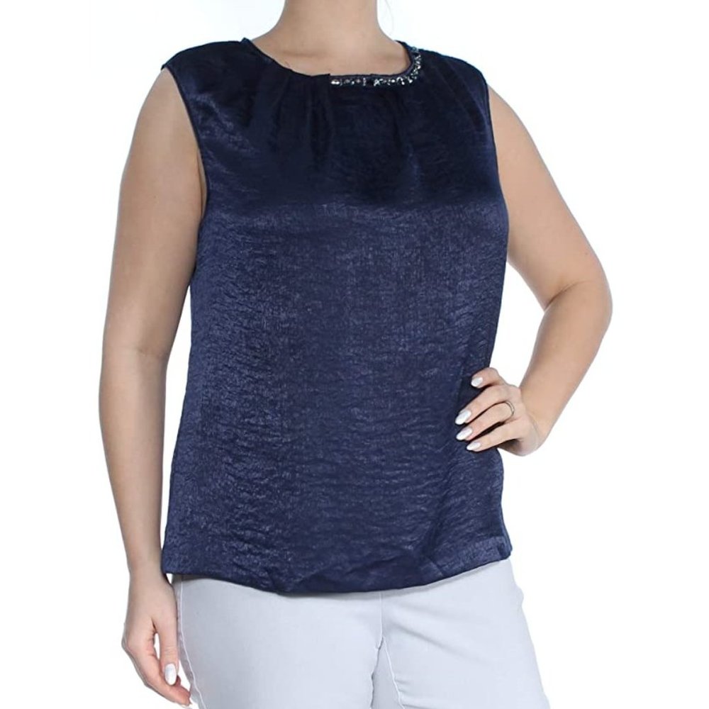 Tahari Pleated Embellished Navy Blouse | XL